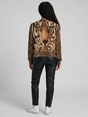 Cotton Express Brown and Black Tiger Print Sheer Bomber Jacket